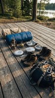 Camping gear and equipment laid out on wooden dock by lake including sleeping bags, hiking boots, cookware and lantern for outdoor adventure trip.