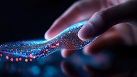 Futuristic digital wave with glowing particles responding to human touch in dark environment with blue and pink bokeh lights creating interactive technology concept.