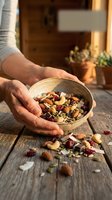 Hands holding a ceramic bowl of mixed nuts, seeds, and dried cranberries on a rustic wooden table with scattered trail mix nearby.