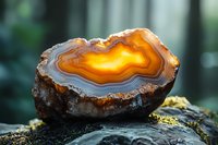 Glowing orange and brown agate crystal slice on dark stone with moss, illuminated from behind showing natural banded patterns and translucent layers in nature setting.
