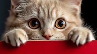 Curious cream colored cat with big amber eyes peeking over red surface, paws visible gripping edge. Close up portrait showing playful feline expression and whiskers.