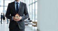 Professional businessman in dark suit holding wooden house model in modern office lobby representing real estate investment and property services.