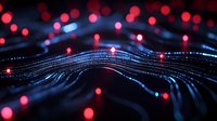 Glowing blue waves with red bokeh lights on dark background create futuristic abstract pattern for technology and digital communication concepts.