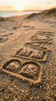 Word BEACH carved in sandy shore decorated with seashells and starfish at golden sunset, ocean dunes in background.