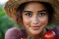 Young Hispanic woman farmer in straw hat smiling with fresh red tomatoes from garden harvest, natural beauty with rosy cheeks and glowing skin outdoors.