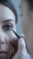 Makeup artist applying black eyeliner to a young Caucasian woman's eye with a brush, close-up beauty and cosmetics concept.