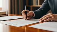 Professional businessman signing important legal contract document with pen at wooden desk in modern office environment for business agreements.