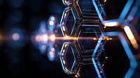 Futuristic hexagonal technology structure with glowing blue light effects against dark background, creating depth through reflection.
