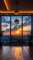 Modern luxury apartment interior with panoramic window overlooking dramatic sunset cityscape, featuring pendant lights and indoor plants on hardwood flooring.