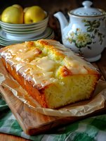 Homemade lemon pound cake with vanilla glaze on wooden board, fresh lemons and vintage teapot in background, rustic kitchen setting with checkered cloth.