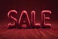Shiny red metallic foil balloon letters spelling SALE on dark red background for retail promotion and seasonal discount announcements.
