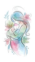 Watercolor mother holding newborn baby with floral elements and pastel splashes on white background for motherhood designs.