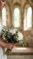 Bride holding elegant white peony and eucalyptus bouquet in historic stone chapel with arched windows for wedding ceremony planning and floral design inspiration.