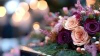 Romantic floral arrangement with pink and purple roses against blurred bokeh lights background, decorated with delicate wildflowers and greenery for wedding decor.