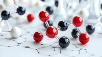 Young scientist or student examining molecular structure model with red, black, and white spheres connected by metal rods on white surface for chemistry education and research.