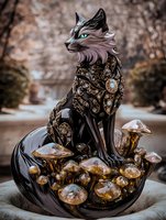 Mystical black cat with ornate golden armor sitting among glowing mushrooms in enchanted forest setting, fantasy art style with turquoise eyes and detailed baroque patterns.