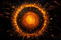 Glowing orange cyber circle with digital elements radiates from center against dark background, creating futuristic technological pattern for tech concepts.
