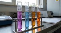 Laboratory test tubes with colorful chemical solutions in metal rack on white counter for scientific research and analysis experiments.