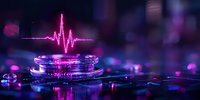 Glowing pink heartbeat pulse wave floating over futuristic metallic surface with bokeh lights in dark blue and purple tones, medical technology concept.