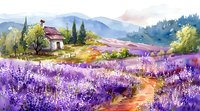 Watercolor countryside landscape with lavender fields, rustic cottage, cypress trees and mountain vista. Winding path through purple blooms leads to white farmhouse.