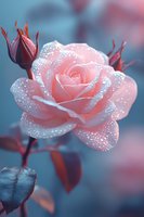 Pink rose with morning dew drops against blue background, soft petals covered in water droplets creating magical sparkle effect in garden setting.