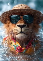 Cool lion wearing sunglasses and straw hat splashing in water with Hawaiian shirt, creating fun summer vacation mood. Digital art for social media and advertising.