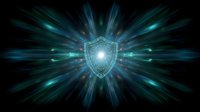 Glowing shield symbol with radiating blue light beams on dark background creates dynamic cybersecurity concept for technology and data protection designs.