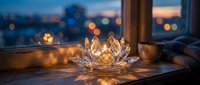 Crystal lotus flower candle holder glowing on windowsill at twilight with city lights bokeh background creating peaceful meditation atmosphere.