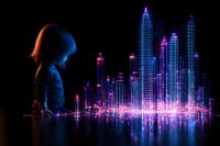 Young Asian woman silhouette gazing at futuristic glowing cityscape with neon purple and blue skyscrapers reflecting on water surface in dark night setting.