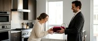 Professional businessman in dark suit presenting elegant gift box to woman in modern kitchen interior during special occasion celebration.
