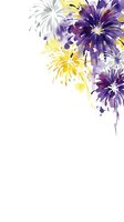 Watercolor fireworks bursting in purple, yellow, and gray tones with splashing paint effects on white background. Suitable for celebrations, events, and festive designs.