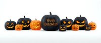 Row of carved jack-o-lantern pumpkins in orange and black with glowing faces and Happy Halloween text on white background, isolated for seasonal decorations and holiday designs.