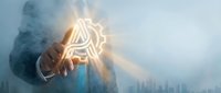 Businessman holding glowing artificial intelligence symbol with cityscape background, representing innovation, technology, and digital transformation in business and corporate environments.