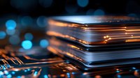 Glowing orange circuit board layers with blue bokeh background, close-up view of electronic components showing technology advancement and digital innovation.