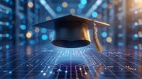 Graduation cap floating over digital circuit board with glowing blue lights representing online education technology and academic achievement in modern learning.