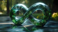 Green glass infinity symbol with glowing particles and bokeh effects on dark reflective surface against blurred natural background. Concept of endless possibilities.