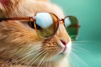 Close-up portrait of ginger cat wearing retro sunglasses against turquoise background, showing playful and fashionable pet personality with soft focus effect.