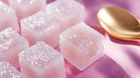 Pink sugar cubes with sparkling crystals and golden spoon on soft pastel background for sweet culinary and baking projects.