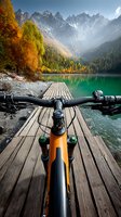 Mountain bike on wooden dock overlooking turquoise alpine lake surrounded by autumn foliage and snow-capped peaks for outdoor adventure and cycling tourism.