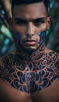 Young Latino male model with artistic face paint and geometric chest tattoo pattern in blue and black tones, photographed against blurred natural background.