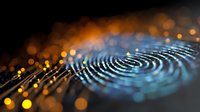 Digital fingerprint scan with glowing blue and orange bokeh lights creating futuristic cybersecurity visualization on dark background. Biometric authentication concept.