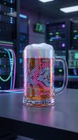 Glass beer mug with glowing circuit board pattern in futuristic server room with neon lights and technology equipment background for tech concepts.