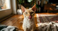 Orange tabby cat with tongue out sitting on wooden floor in cozy home interior with natural lighting and houseplants creating warm domestic atmosphere.
