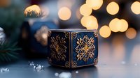 Decorative black and gold cube with snowflake pattern against blurred Christmas lights background, creating magical winter holiday atmosphere with bokeh effect.