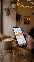 Hand holding smartphone with buy now button on screen, coffee cup on wooden table, cozy cafe background with bokeh lights.