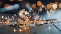 Golden dollar sign with financial market charts and glowing fairy lights on rustic wooden surface, creating magical ambiance for finance and investment concepts.