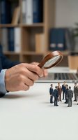 Business professional examining miniature people figures with magnifying glass for recruitment and talent acquisition in modern office environment.