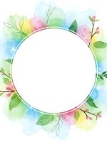 Watercolor floral frame with colorful spring flowers and leaves surrounding white circle space for text or logo design on transparent background.