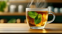 Glass cup of steaming hot mint tea with fresh green leaves on wooden table against blurred kitchen background, warm natural lighting creates cozy atmosphere.