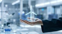 Businesswoman holding wind turbine hologram in laboratory setting, representing renewable energy innovation and sustainable technology development.